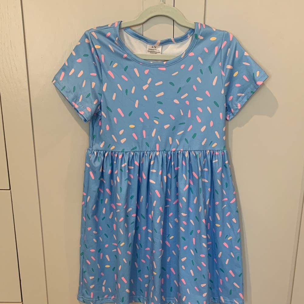 NWT Pastel Blue and pops of neon Confetti Kids Sun Dress